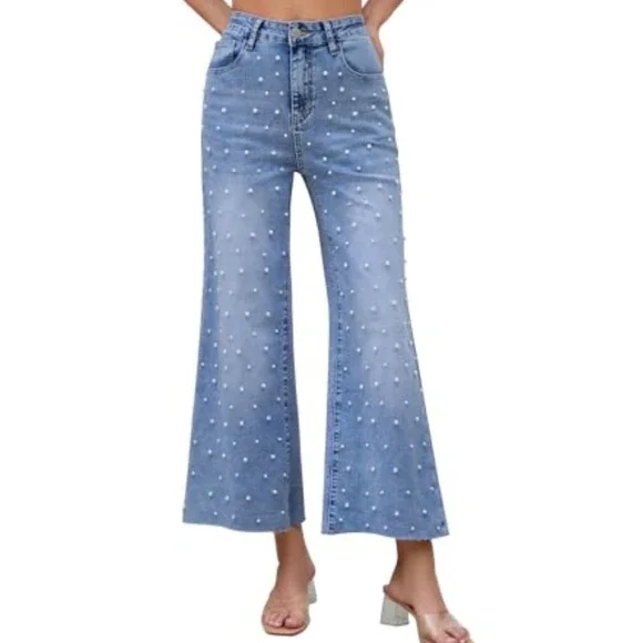 Antonio Melani Pearl Embellished Wide Leg Jeans Light Wash Blue Frayed Hem 12 - Picture 9 of 9